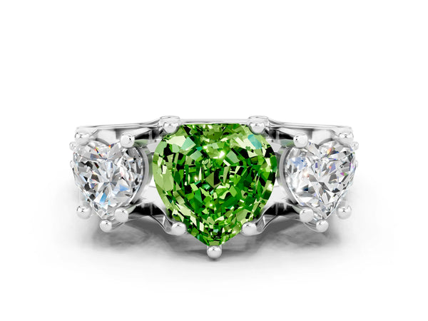 White gold Heart Cut Peridot Three-Stone Ring with Channel Set Band and Four-Prong Setting