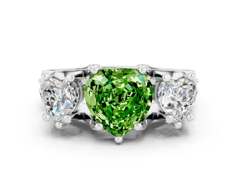 White gold Heart Cut Peridot Three-Stone Ring with Channel Set Band and Four-Prong Setting