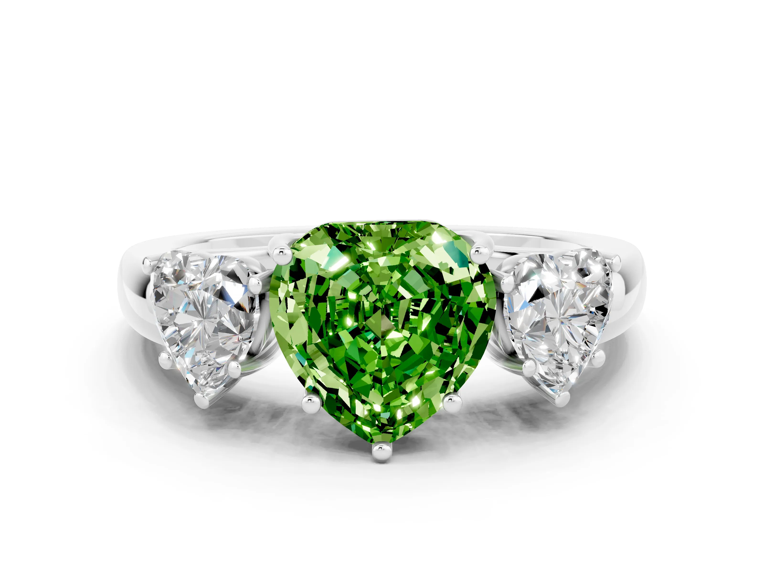 White gold Heart Cut Peridot Three-Stone Ring with Four-Prong Setting and Classic Band