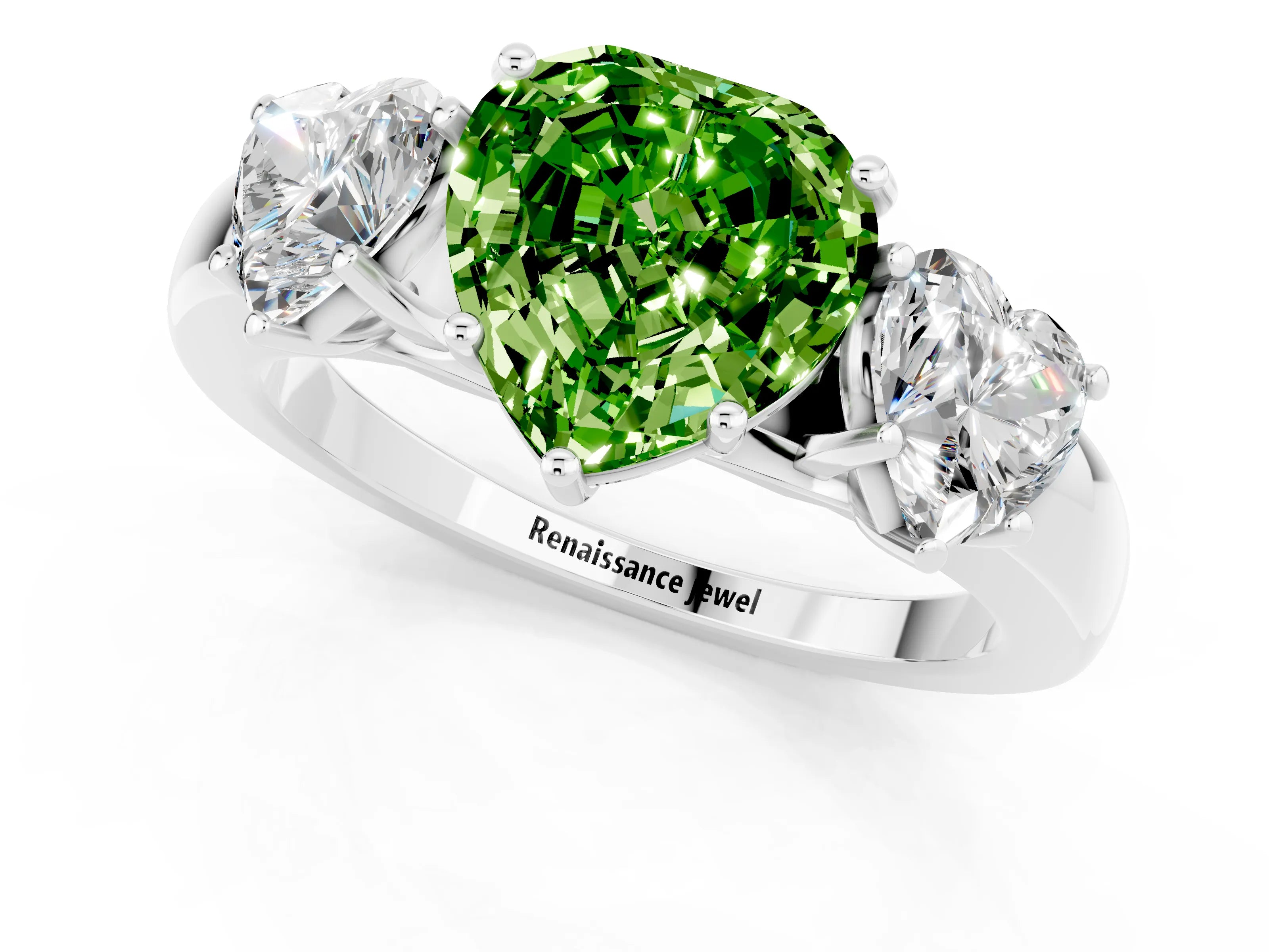 White gold Heart Cut Peridot Three-Stone Ring with Four-Prong Setting and Classic Band_1