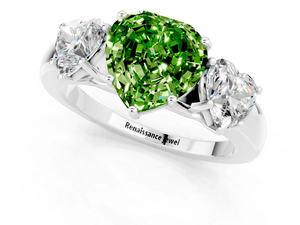 White gold Heart Cut Peridot Three-Stone Ring with Four-Prong Setting and Classic Band