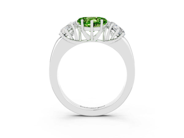 Silver Heart Cut Peridot Three-Stone Ring with Four-Prong Setting and Classic Band