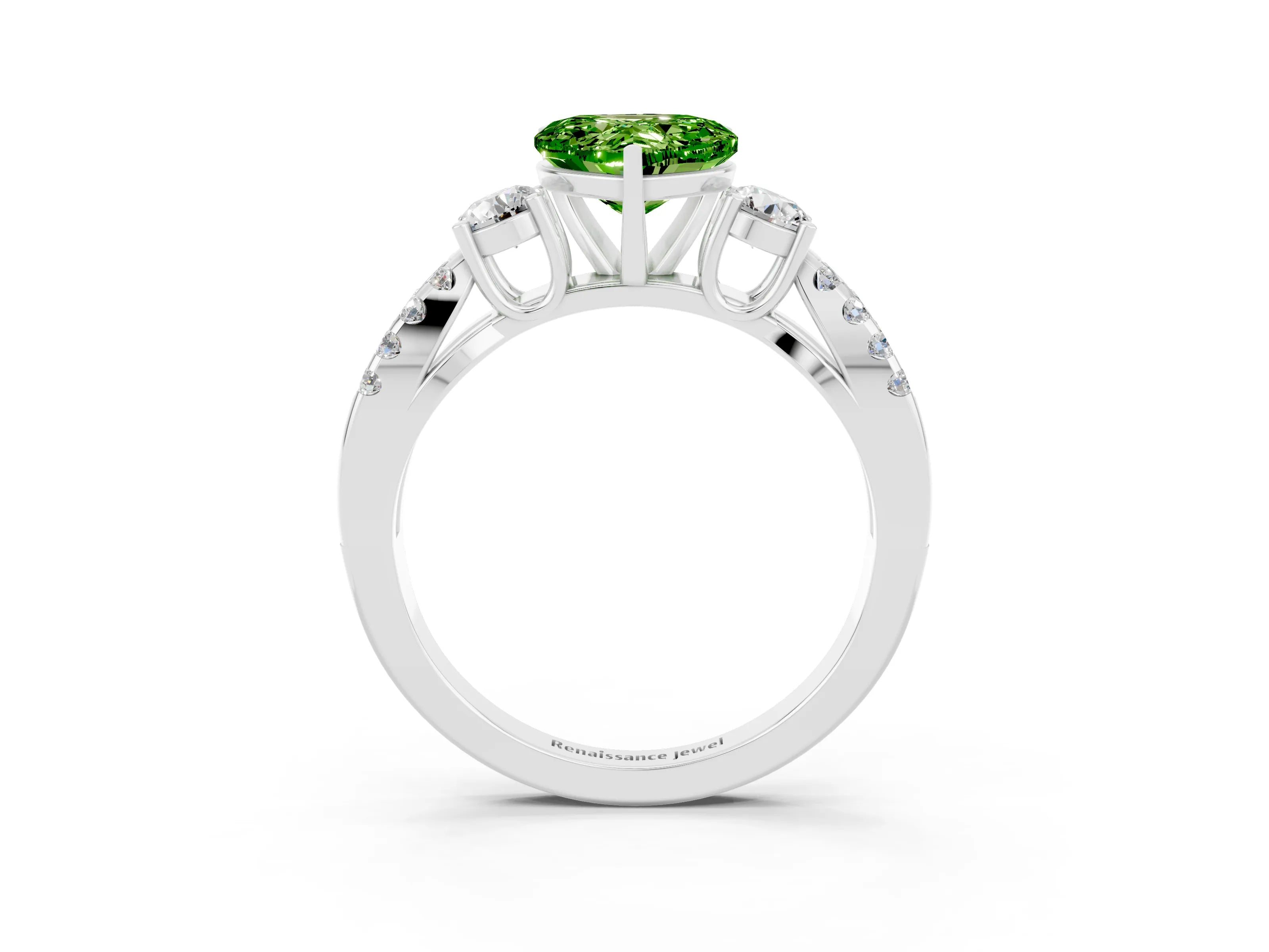 White gold Heart Cut Peridot Three-Stone Ring with Pavé Split Shank and Four-Prong Setting_23