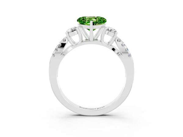 White gold Heart Cut Peridot Three-Stone Ring with Pavé Split Shank and Four-Prong Setting