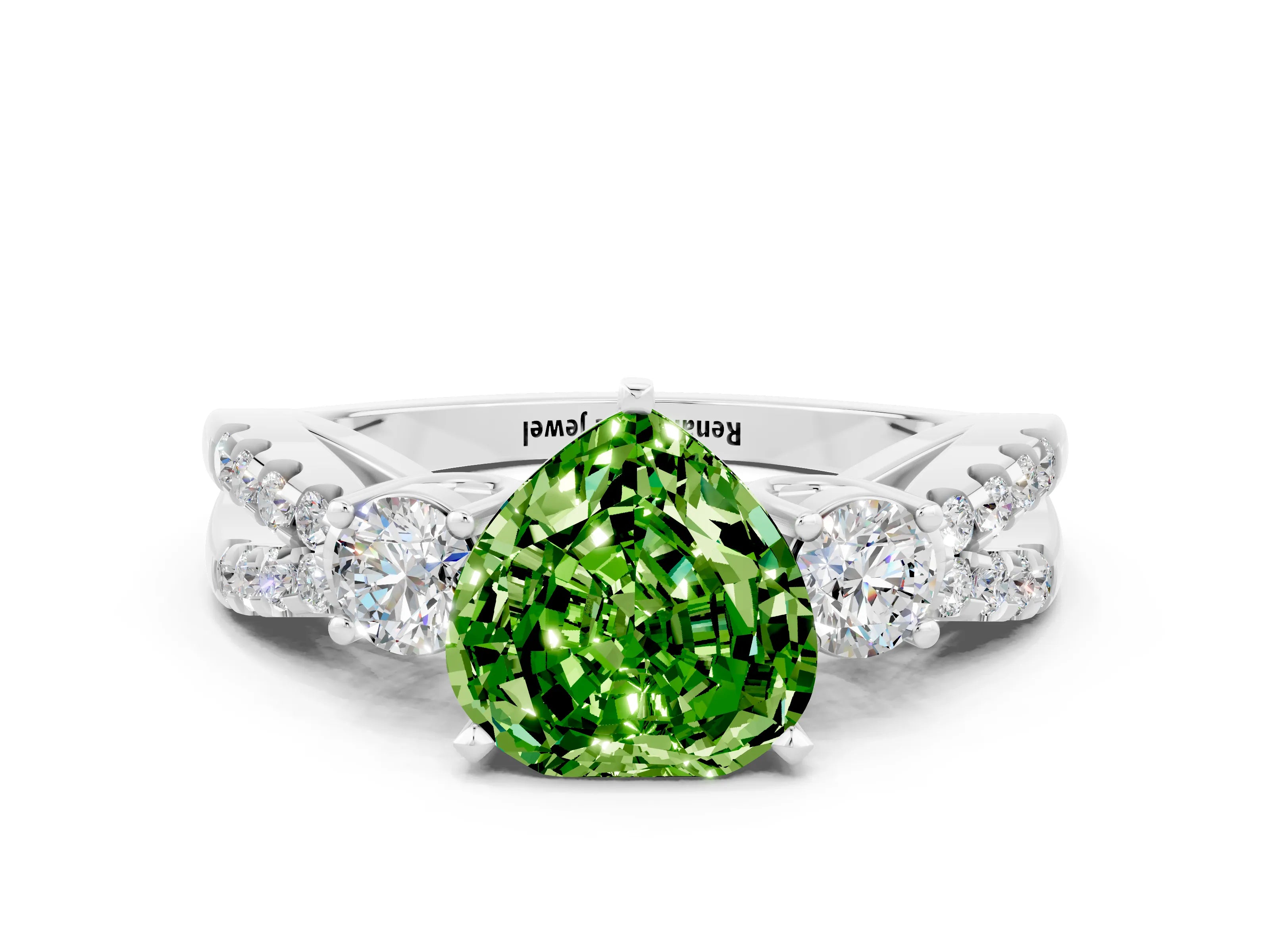 White gold Heart Cut Peridot Three-Stone Ring with Pavé Split Shank and Four-Prong Setting_24