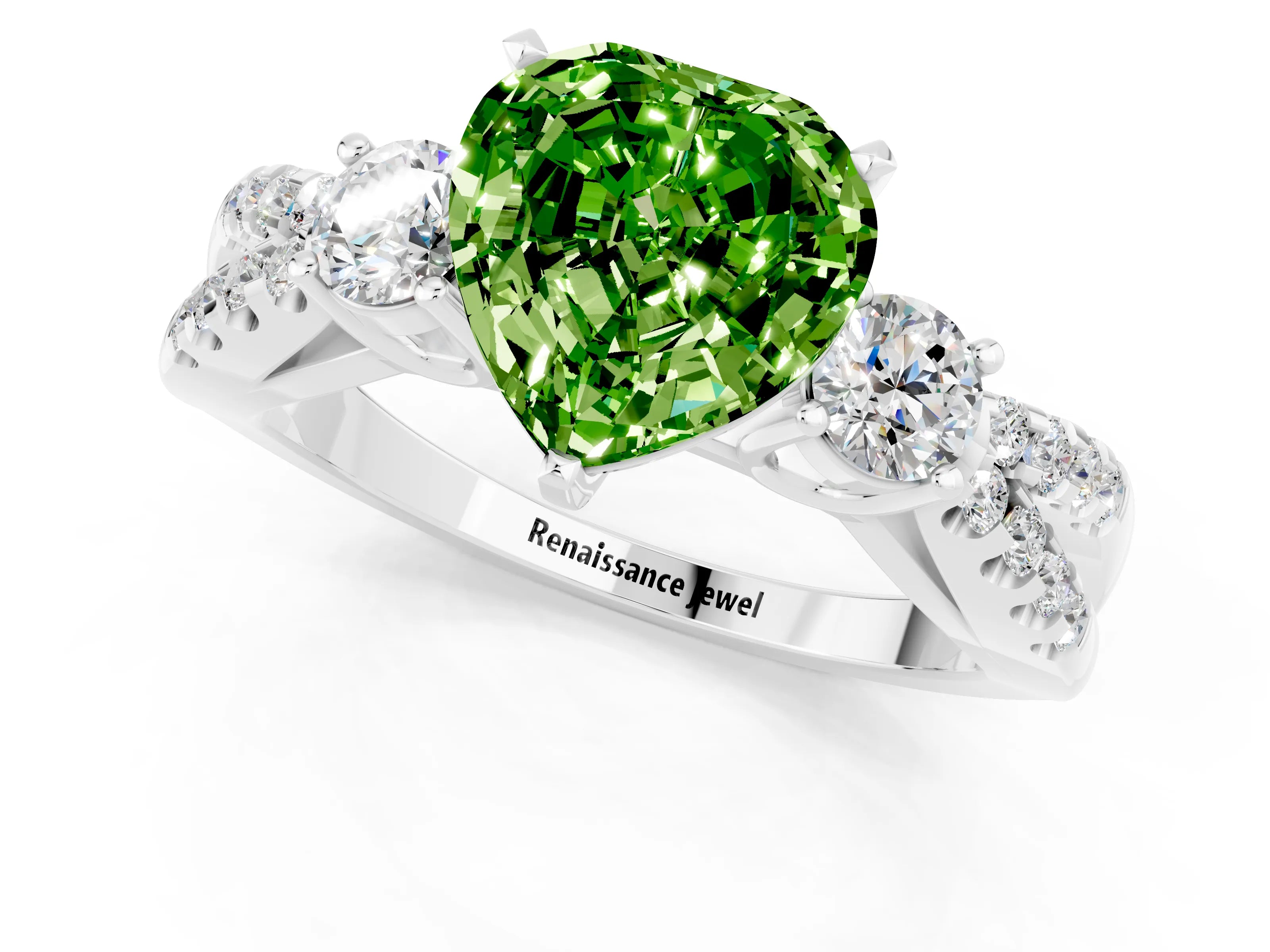 White gold Heart Cut Peridot Three-Stone Ring with Pavé Split Shank and Four-Prong Setting_25