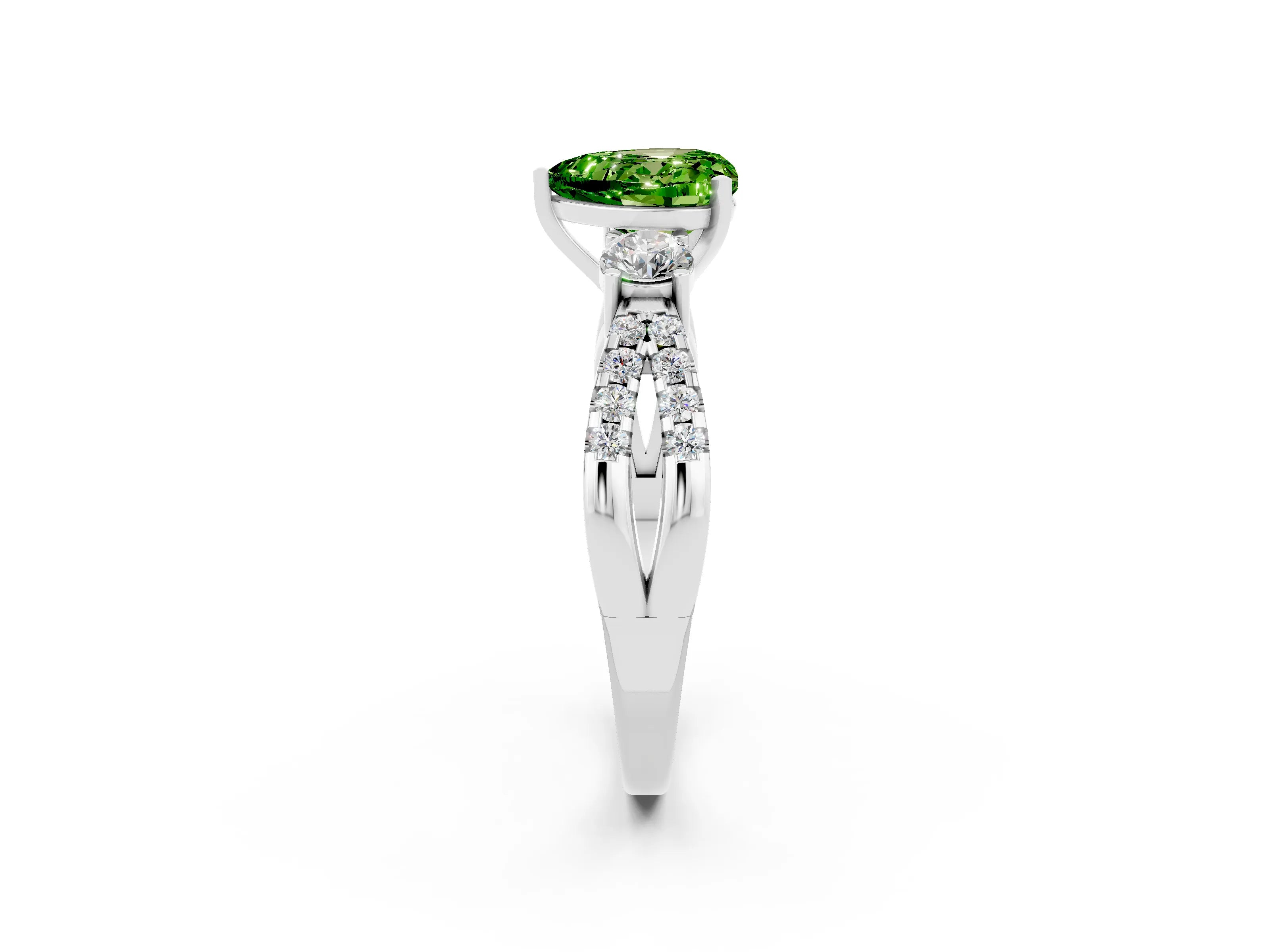 White gold Heart Cut Peridot Three-Stone Ring with Pavé Split Shank and Four-Prong Setting_26
