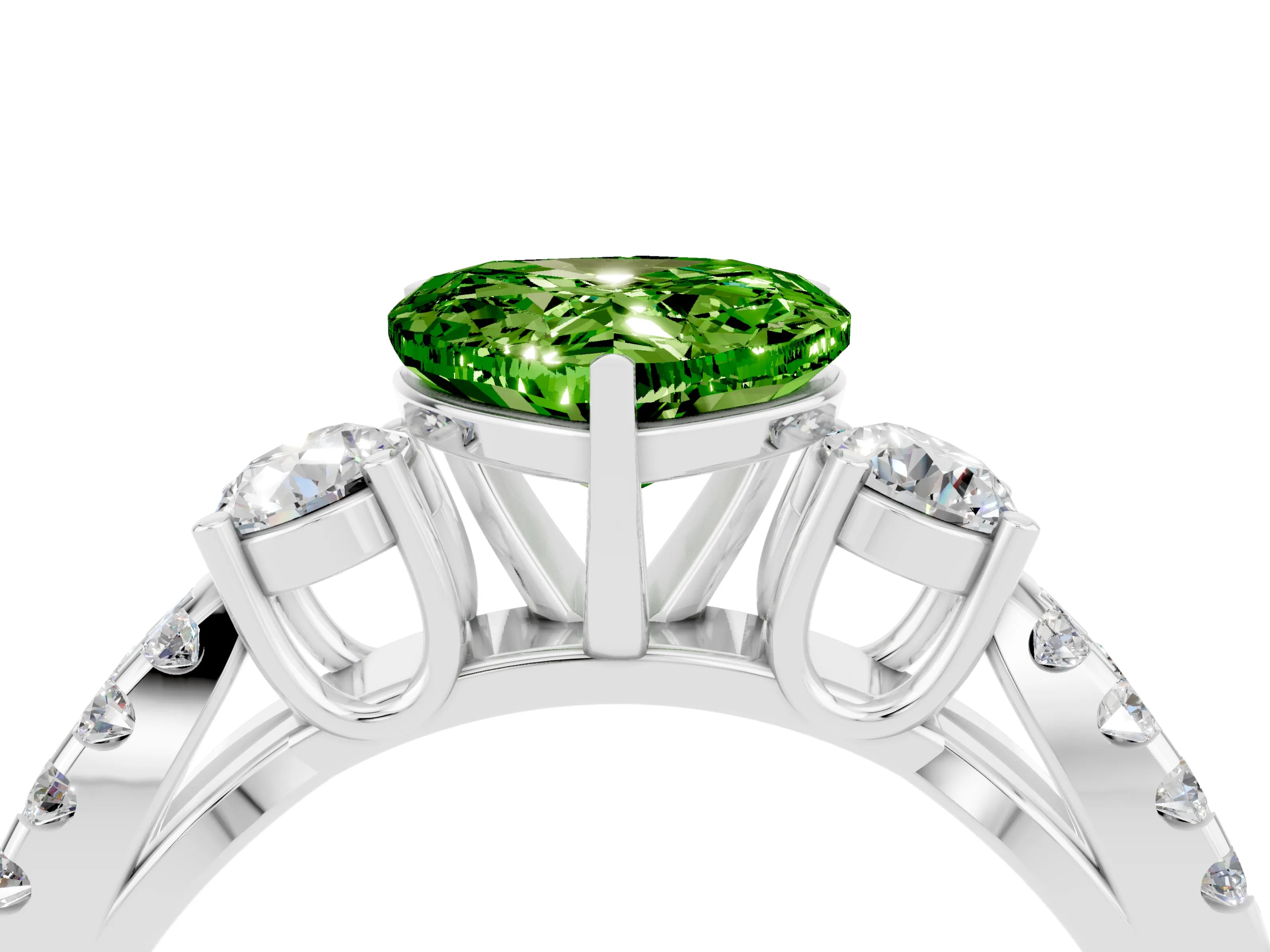 White gold Heart Cut Peridot Three-Stone Ring with Pavé Split Shank and Four-Prong Setting_28