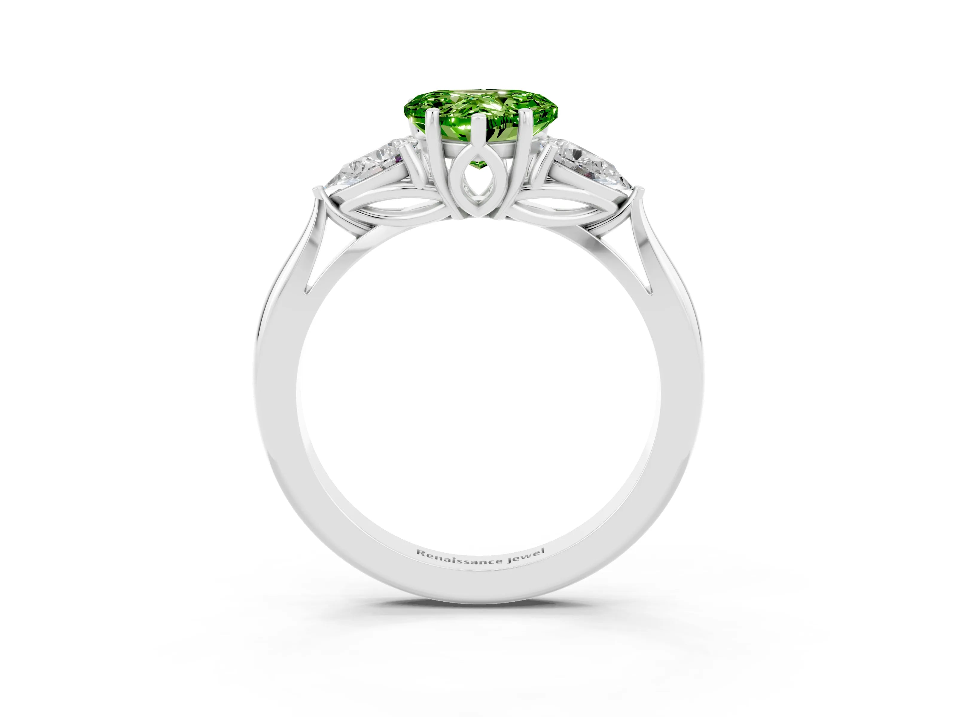 White gold Heart Cut Peridot Three-Stone Ring with Pear Side Stones and Four-Prong Setting_15
