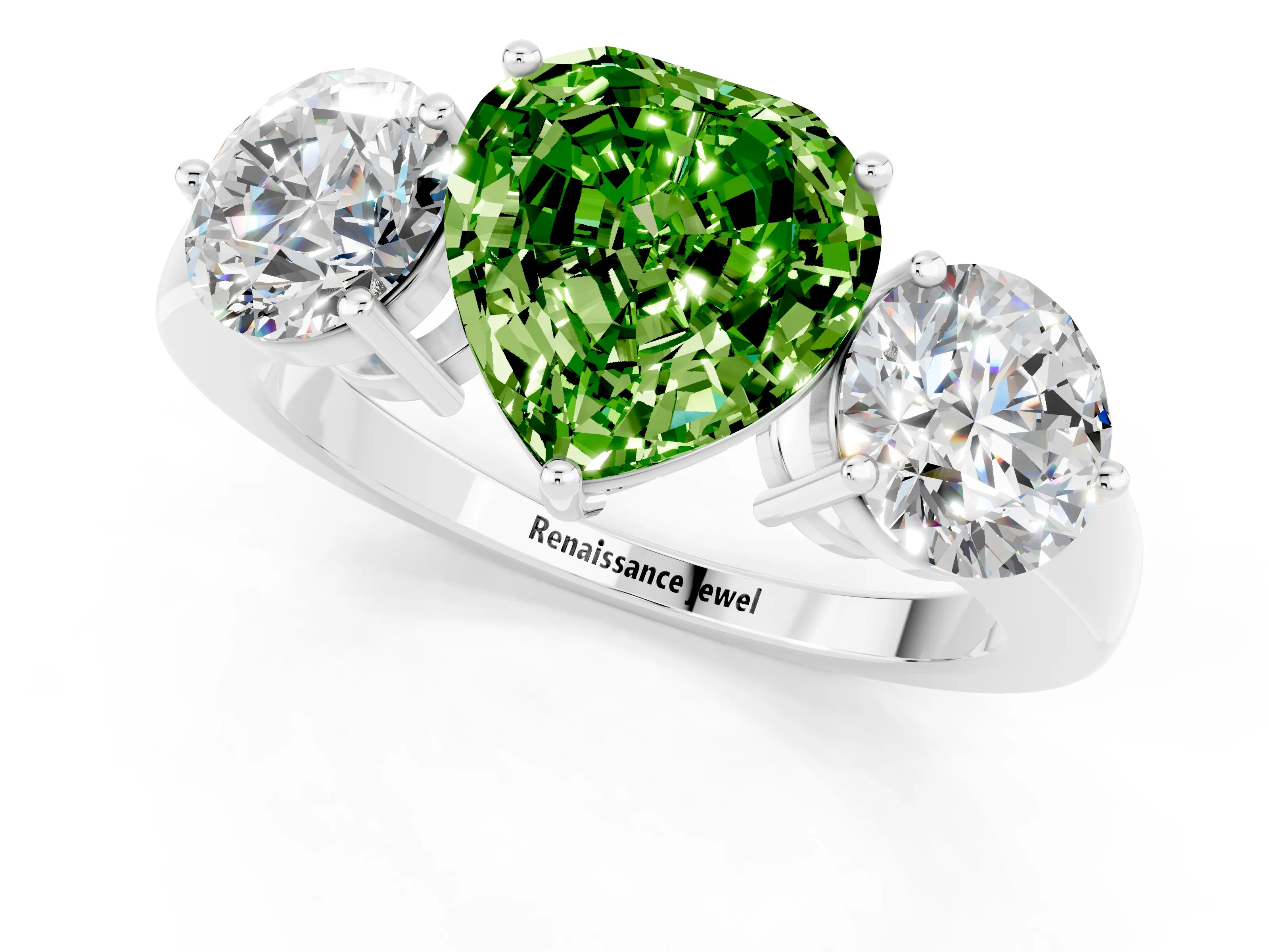 White gold Heart Cut Peridot Three-Stone Ring with Prong Setting and Classic Band_1