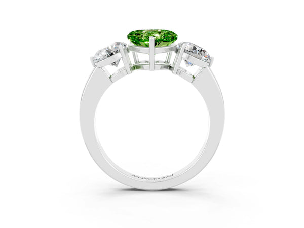 Silver Heart Cut Peridot Three-Stone Ring with Prong Setting and Classic Band