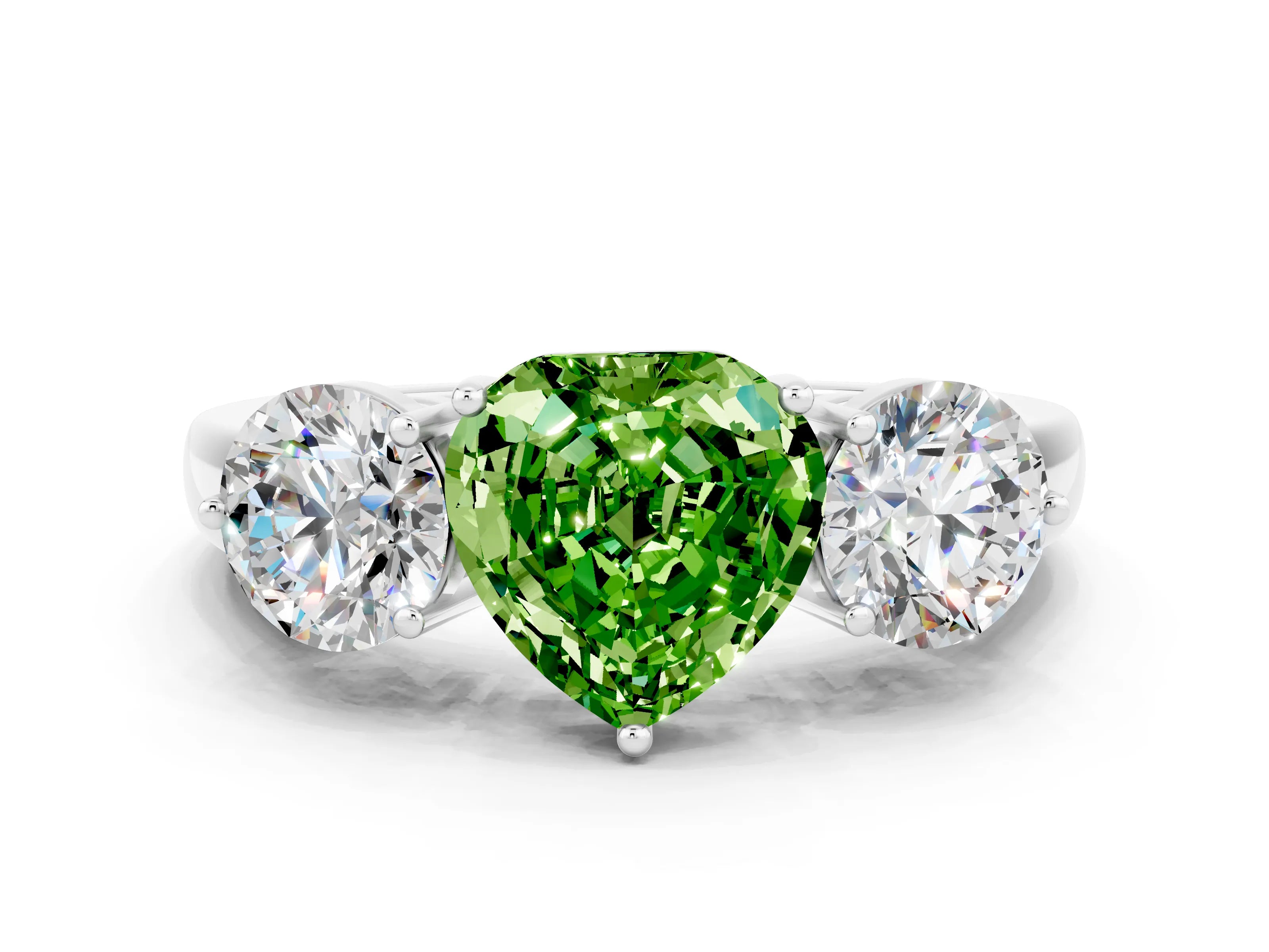White gold Heart Cut Peridot Three-Stone Ring with Prong Setting and Classic Band
