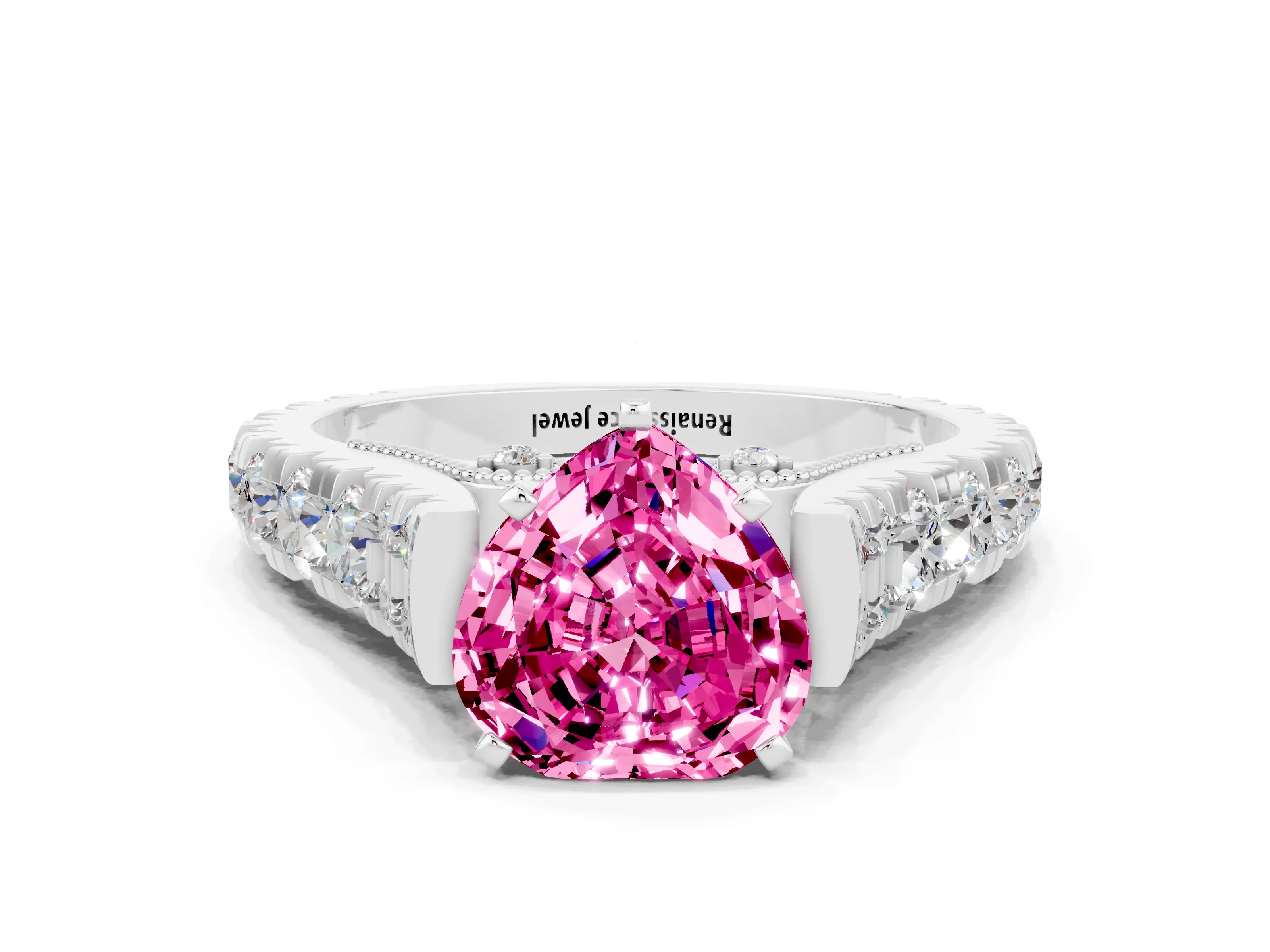 White gold Heart Cut Pink Sapphire Classic Solitaire Ring with Pavé Band and Four-Prong Setting_12