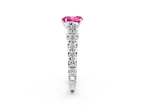 Silver Heart Cut Pink Sapphire Classic Solitaire Ring with Pavé Band and Four-Prong Setting