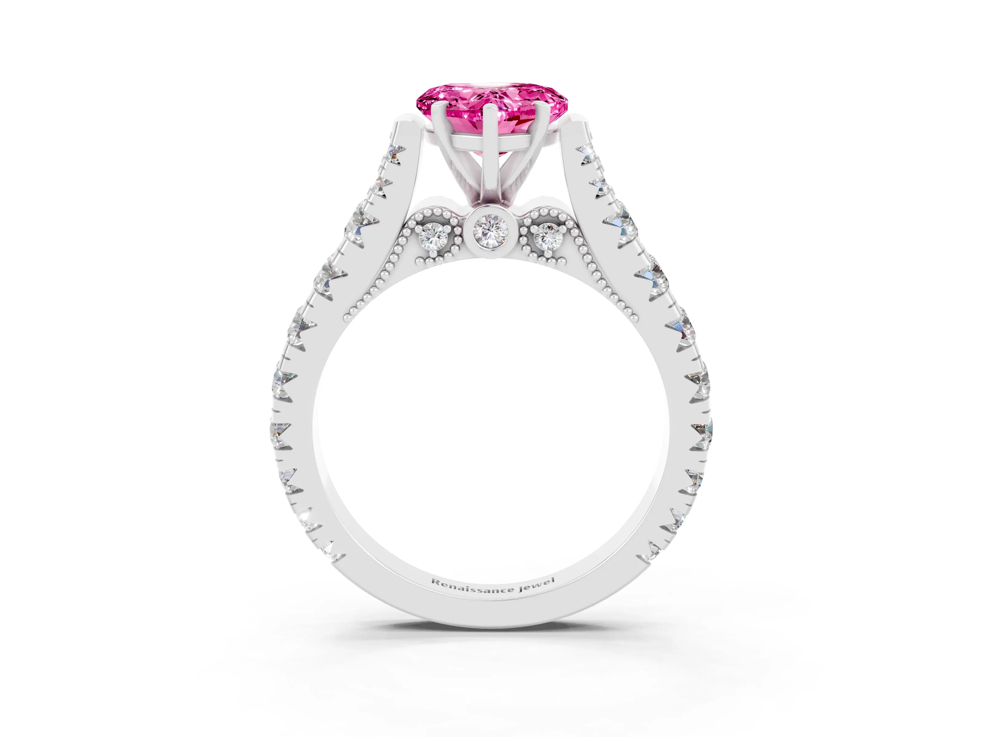 White gold Heart Cut Pink Sapphire Classic Solitaire Ring with Pavé Band and Four-Prong Setting_15
