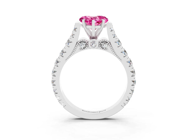 Platinum Heart Cut Pink Sapphire Classic Solitaire Ring with Pavé Band and Four-Prong Setting