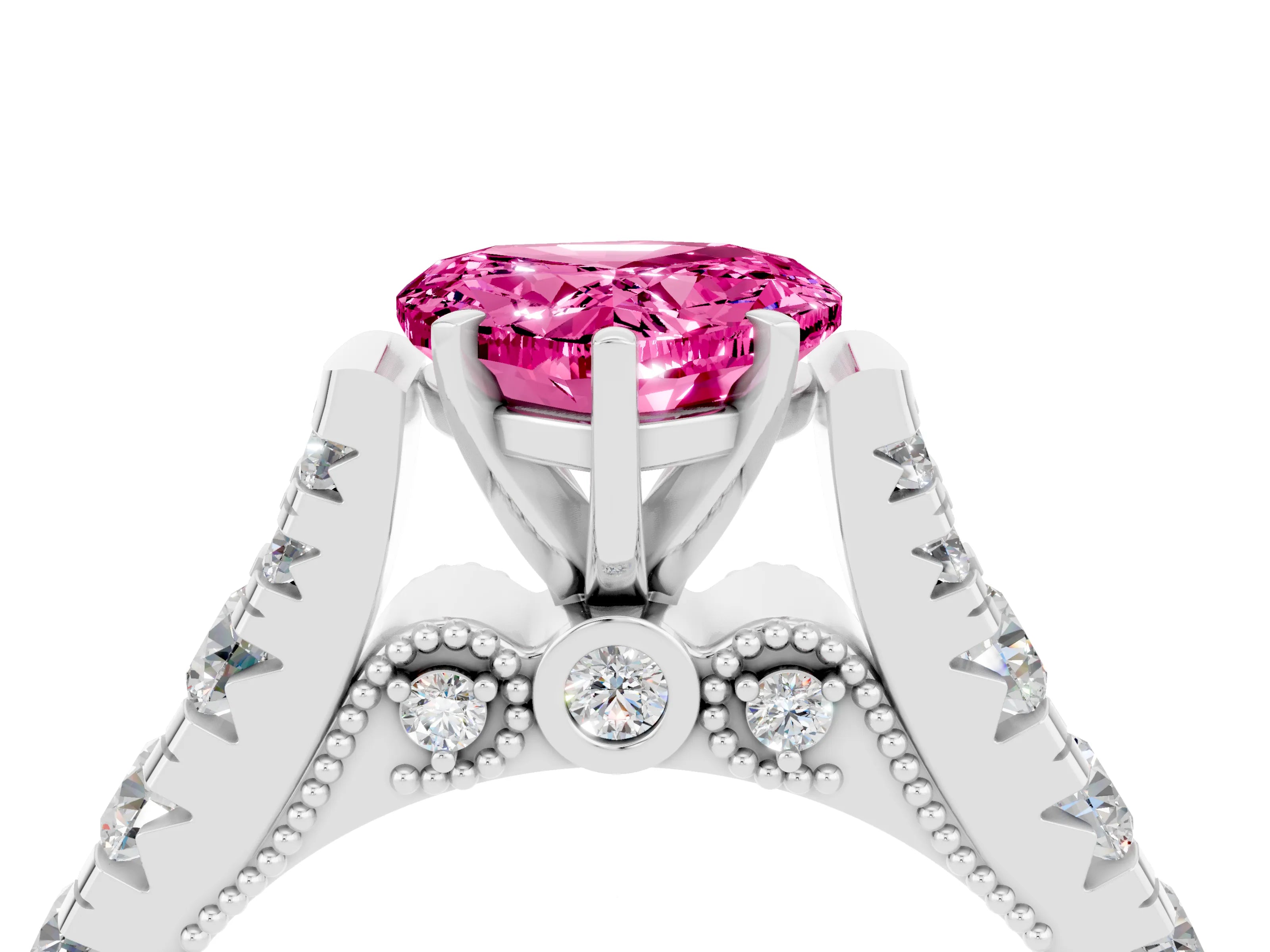 White gold Heart Cut Pink Sapphire Classic Solitaire Ring with Pavé Band and Four-Prong Setting_16