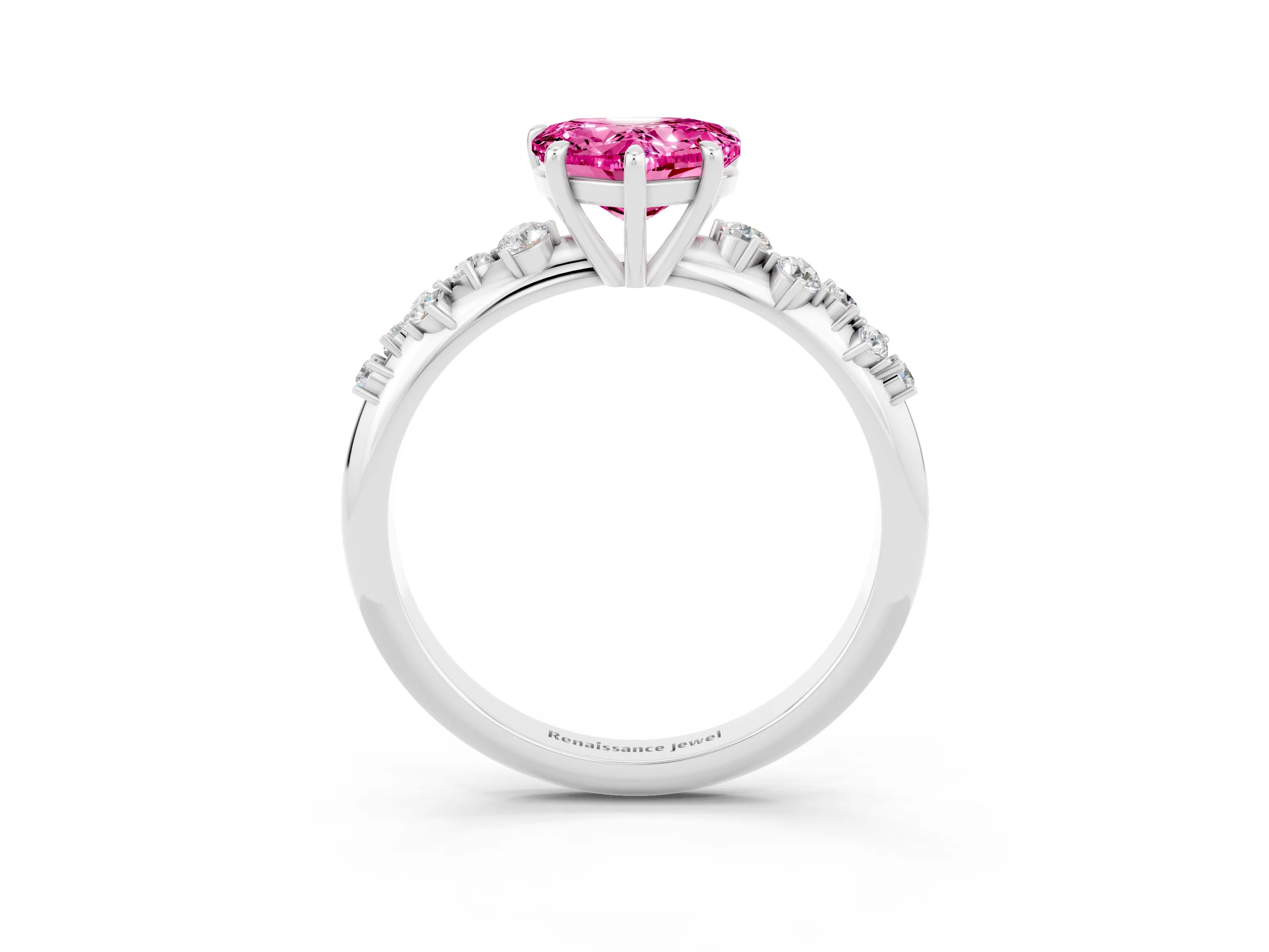 White gold Heart Cut Pink Sapphire Cluster Side Stone Solitaire Ring with Prong Setting_51