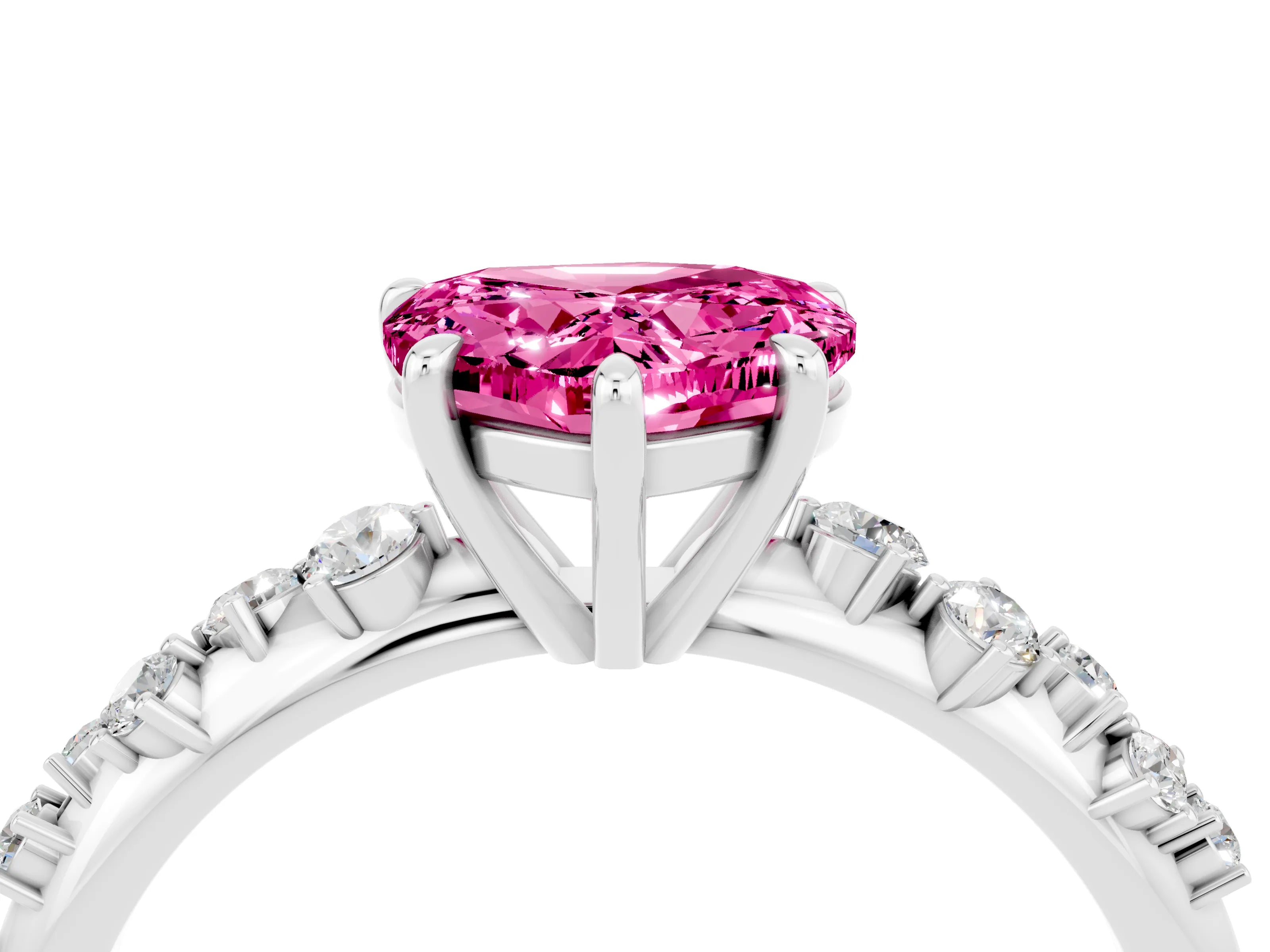 White gold Heart Cut Pink Sapphire Cluster Side Stone Solitaire Ring with Prong Setting_52
