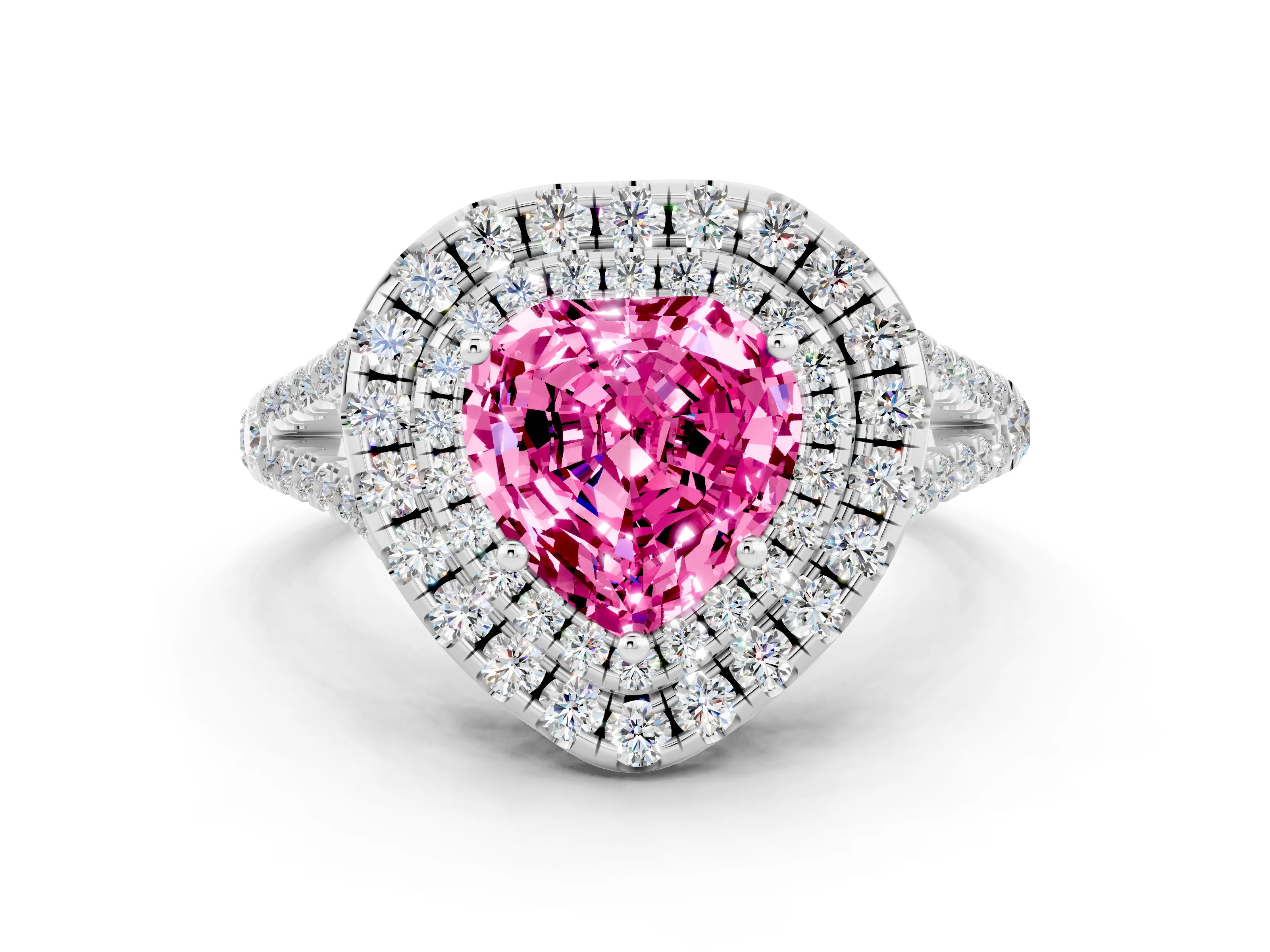 White gold Heart Cut Pink Sapphire Double Halo Ring with Pavé Band and Prong Setting_12