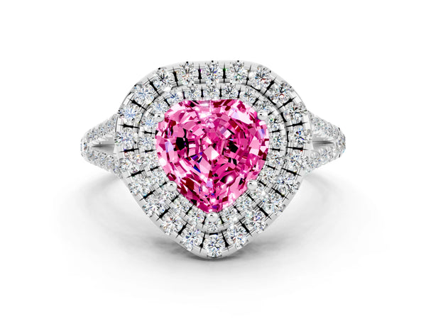 Silver Heart Cut Pink Sapphire Double Halo Ring with Pavé Band and Prong Setting