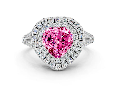 White gold Heart Cut Pink Sapphire Double Halo Ring with Pavé Band and Prong Setting_12