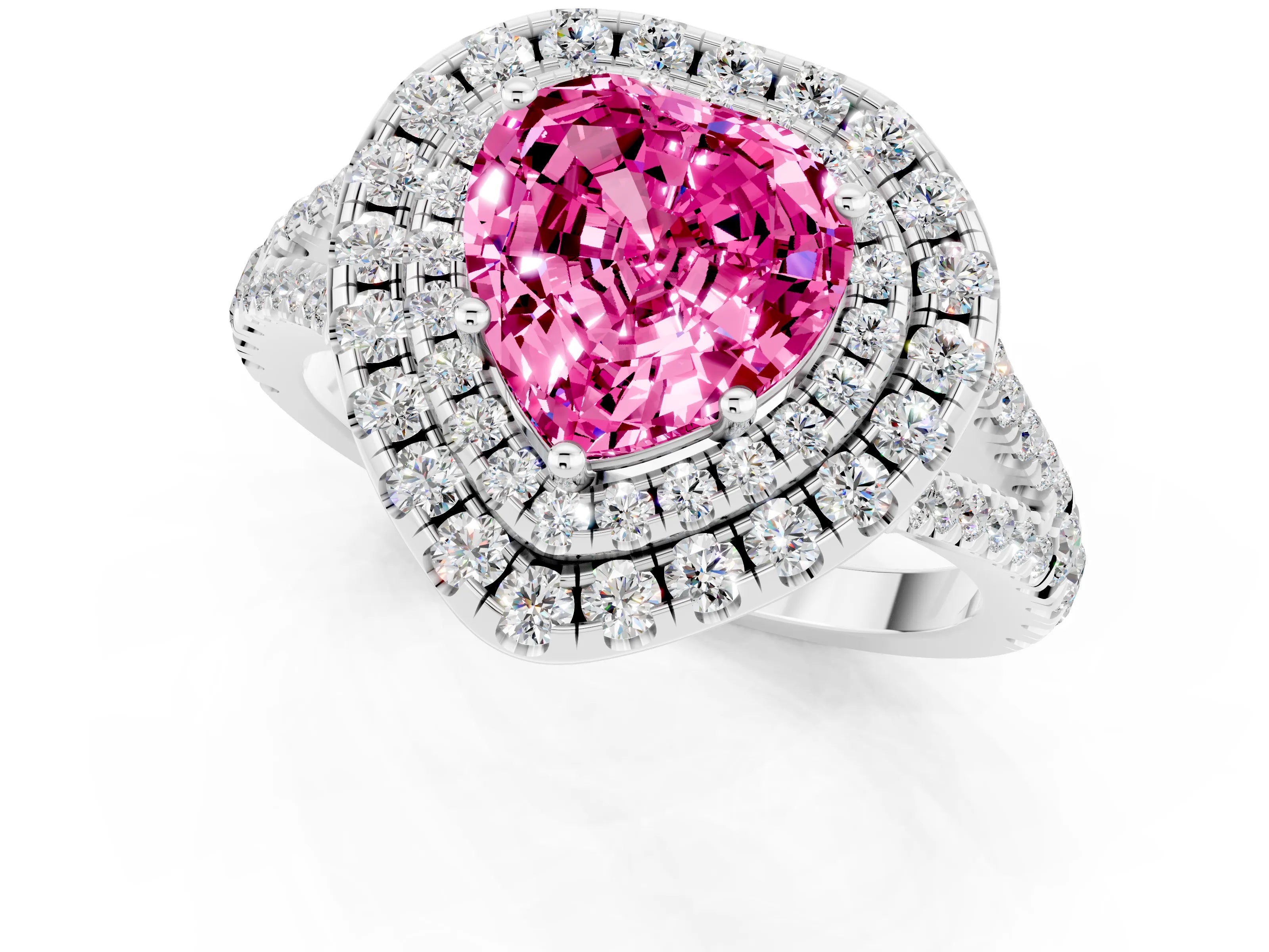 White gold Heart Cut Pink Sapphire Double Halo Ring with Pavé Band and Prong Setting_13