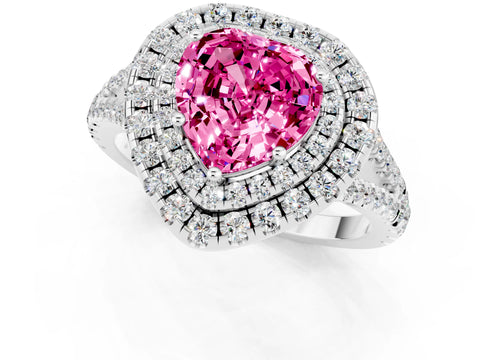 White gold Heart Cut Pink Sapphire Double Halo Ring with Pavé Band and Prong Setting_13