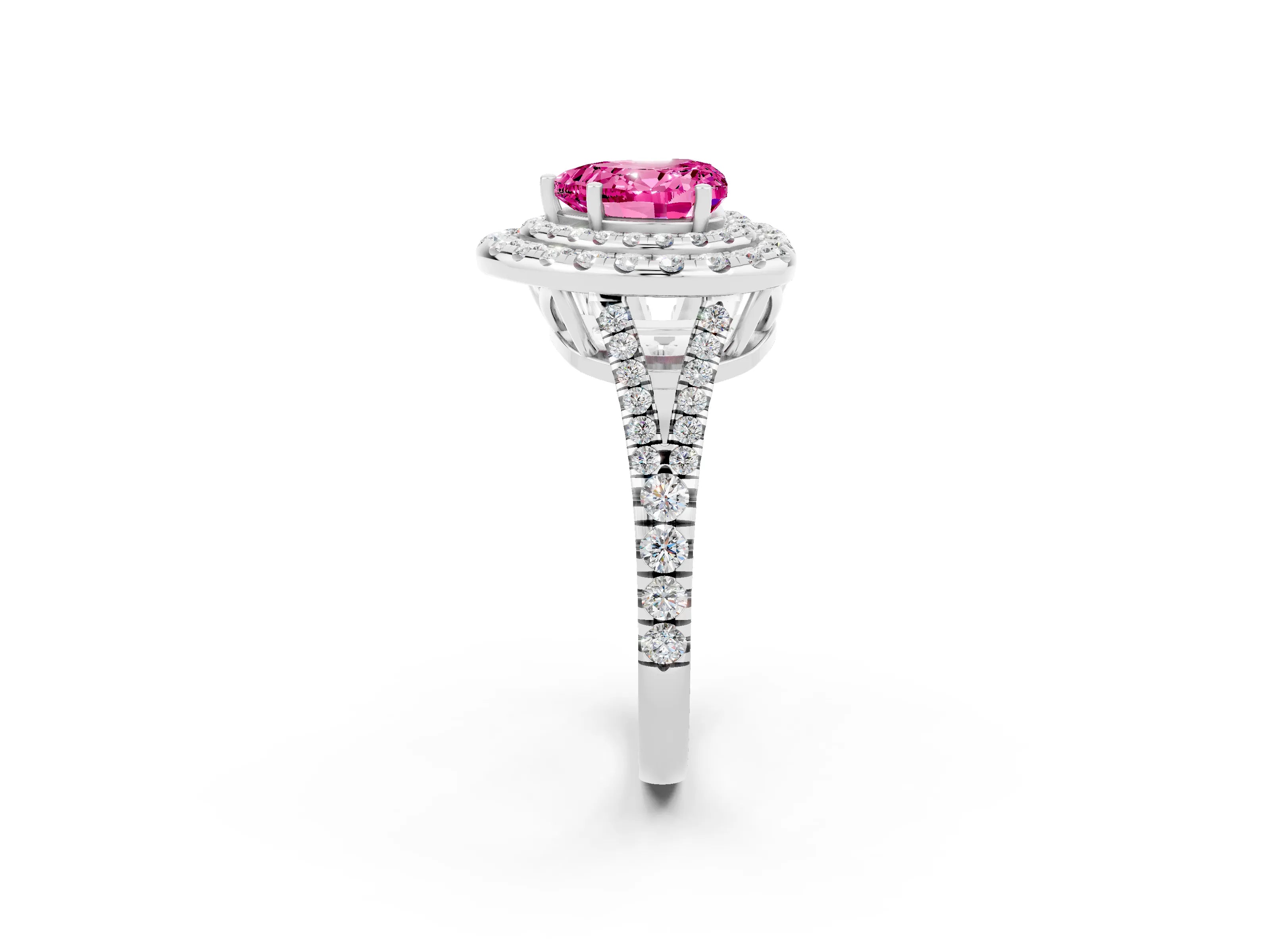 White gold Heart Cut Pink Sapphire Double Halo Ring with Pavé Band and Prong Setting_14