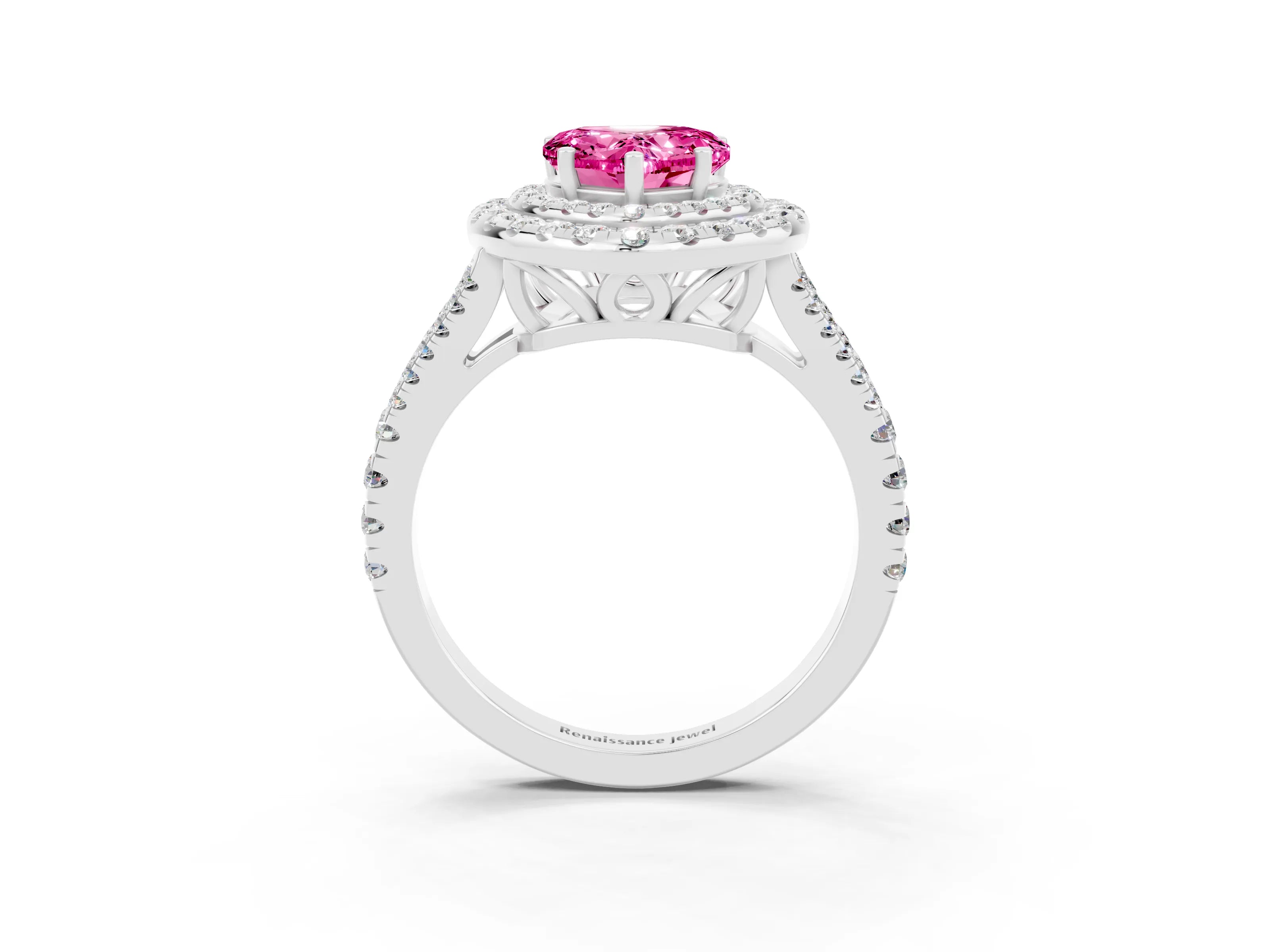 White gold Heart Cut Pink Sapphire Double Halo Ring with Pavé Band and Prong Setting_15