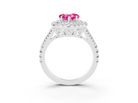 White gold Heart Cut Pink Sapphire Double Halo Ring with Pavé Band and Prong Setting_15