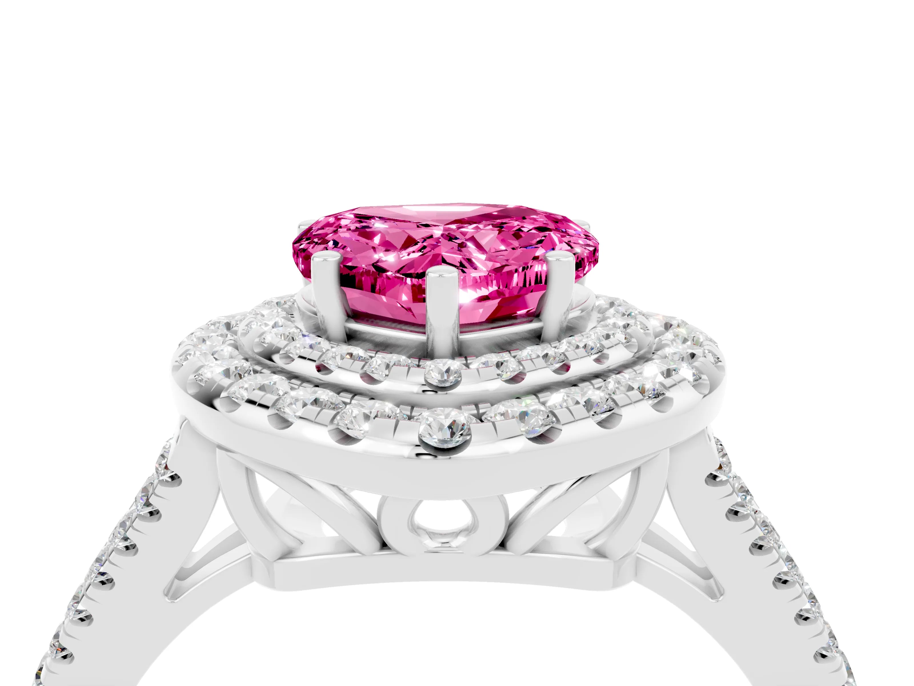 White gold Heart Cut Pink Sapphire Double Halo Ring with Pavé Band and Prong Setting_16