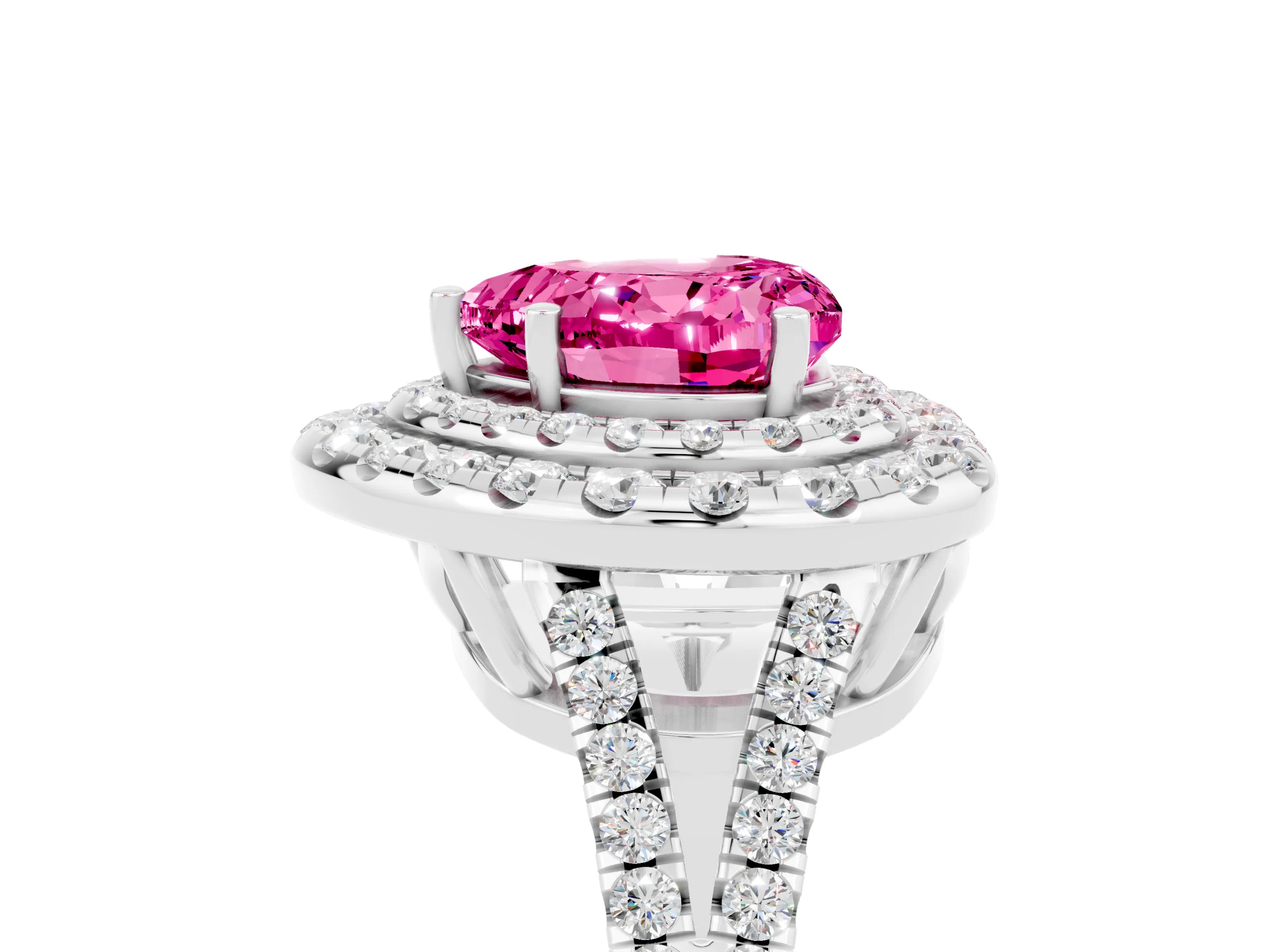 White gold Heart Cut Pink Sapphire Double Halo Ring with Pavé Band and Prong Setting_17