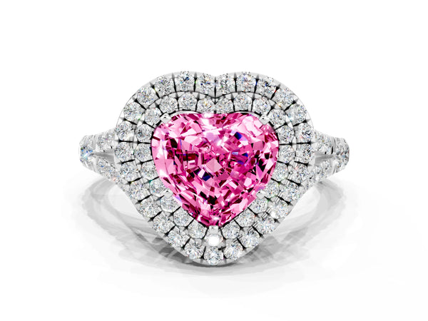 Platinum Heart Cut Pink Sapphire Double Halo Ring with Split Shank and Prong Setting
