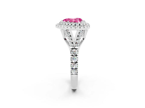 White gold Heart Cut Pink Sapphire Double Halo Ring with Split Shank and Prong Setting_50