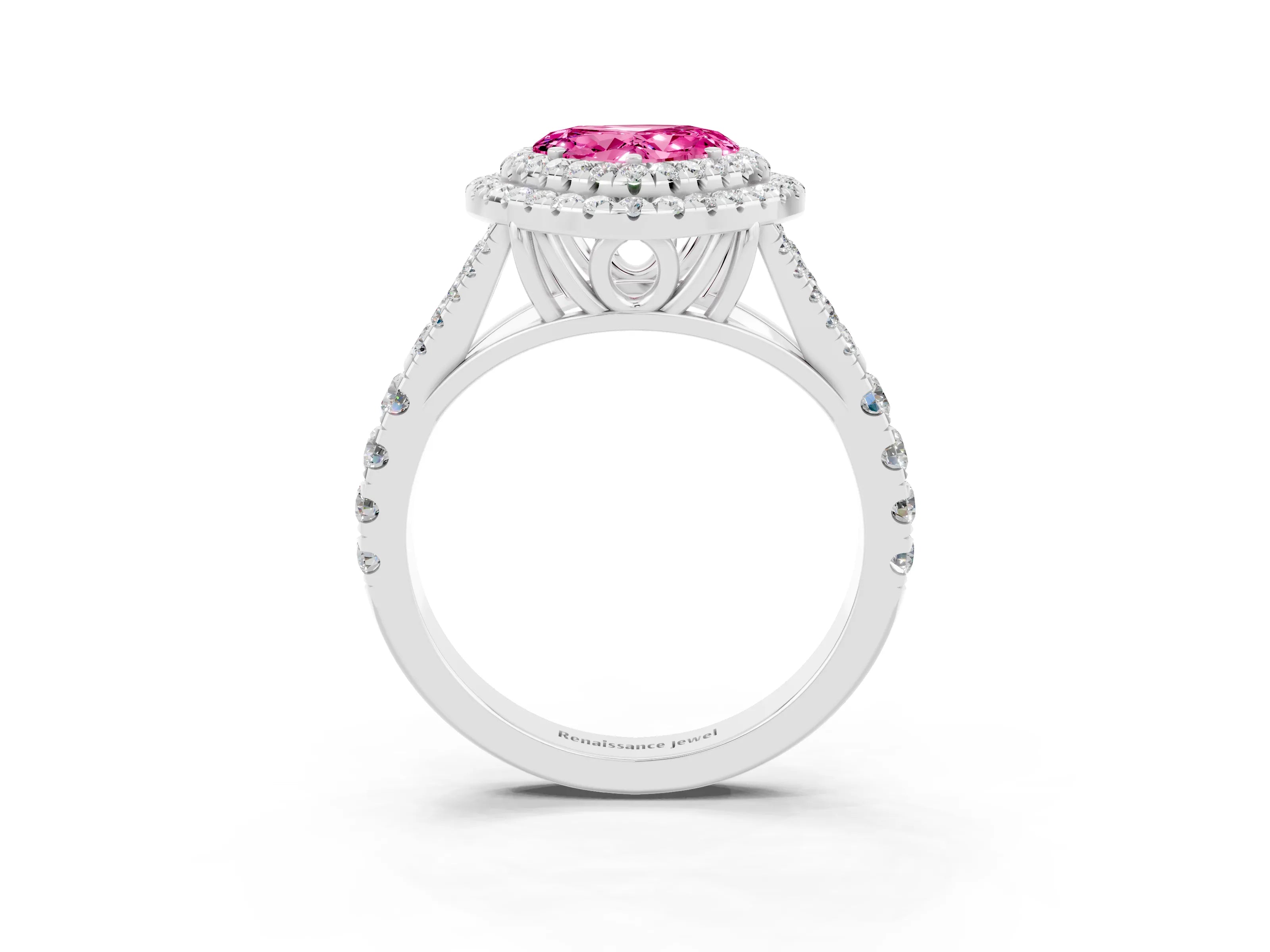 White gold Heart Cut Pink Sapphire Double Halo Ring with Split Shank and Prong Setting_51