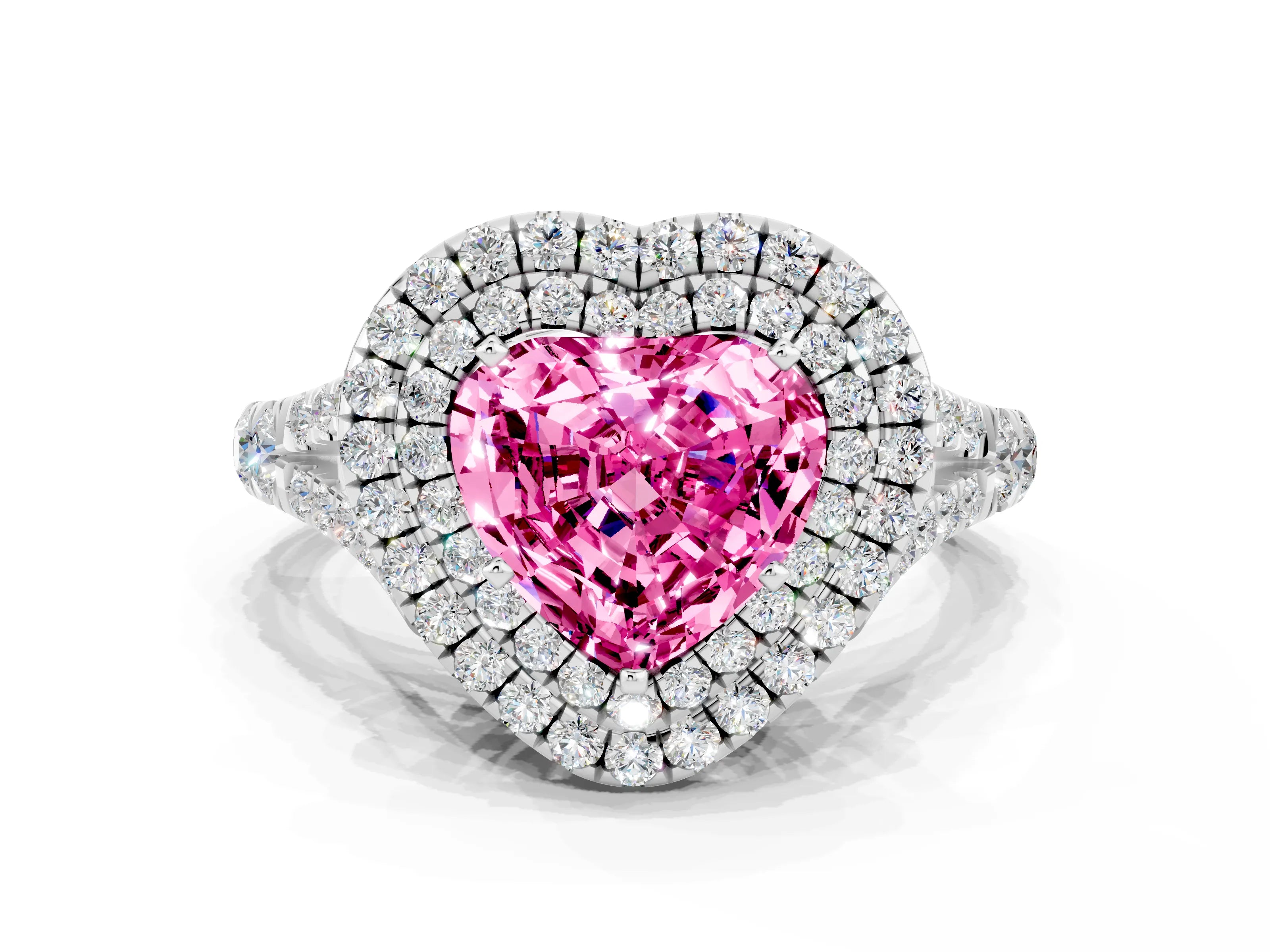White gold Heart Cut Pink Sapphire Double Halo Ring with Split Shank and Prong Setting_55