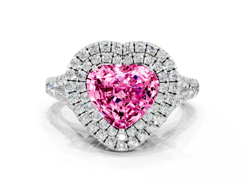 White gold Heart Cut Pink Sapphire Double Halo Ring with Split Shank and Prong Setting_55