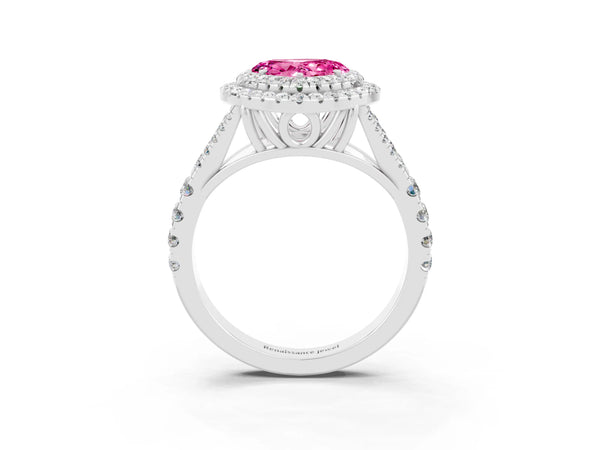 White gold Heart Cut Pink Sapphire Double Halo Ring with Split Shank and Prong Setting