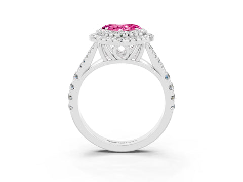 White gold Heart Cut Pink Sapphire Double Halo Ring with Split Shank and Prong Setting_58
