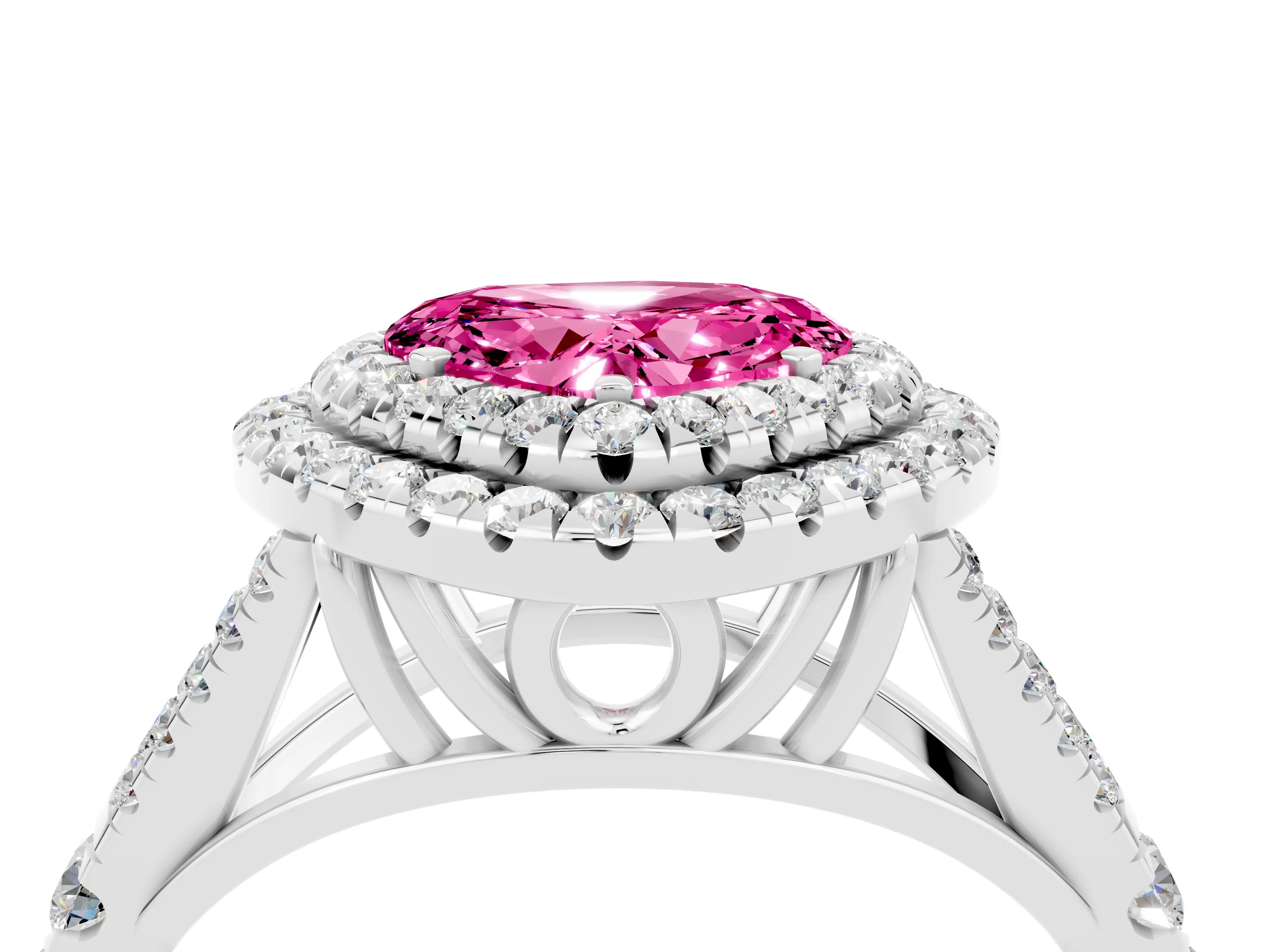 White gold Heart Cut Pink Sapphire Double Halo Ring with Split Shank and Prong Setting_59
