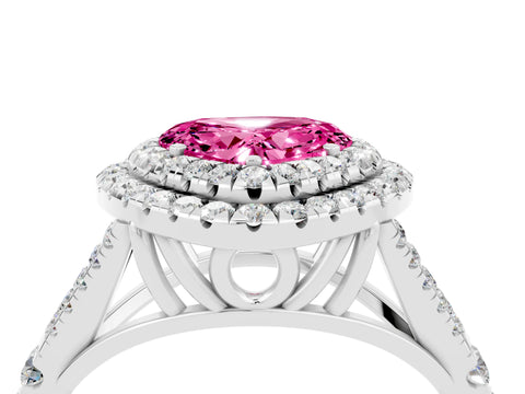 White gold Heart Cut Pink Sapphire Double Halo Ring with Split Shank and Prong Setting_59