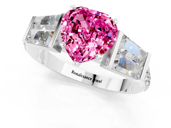 Platinum Heart Cut Pink Sapphire Engagement Ring with Baguette Side Stones and Channel Set Band