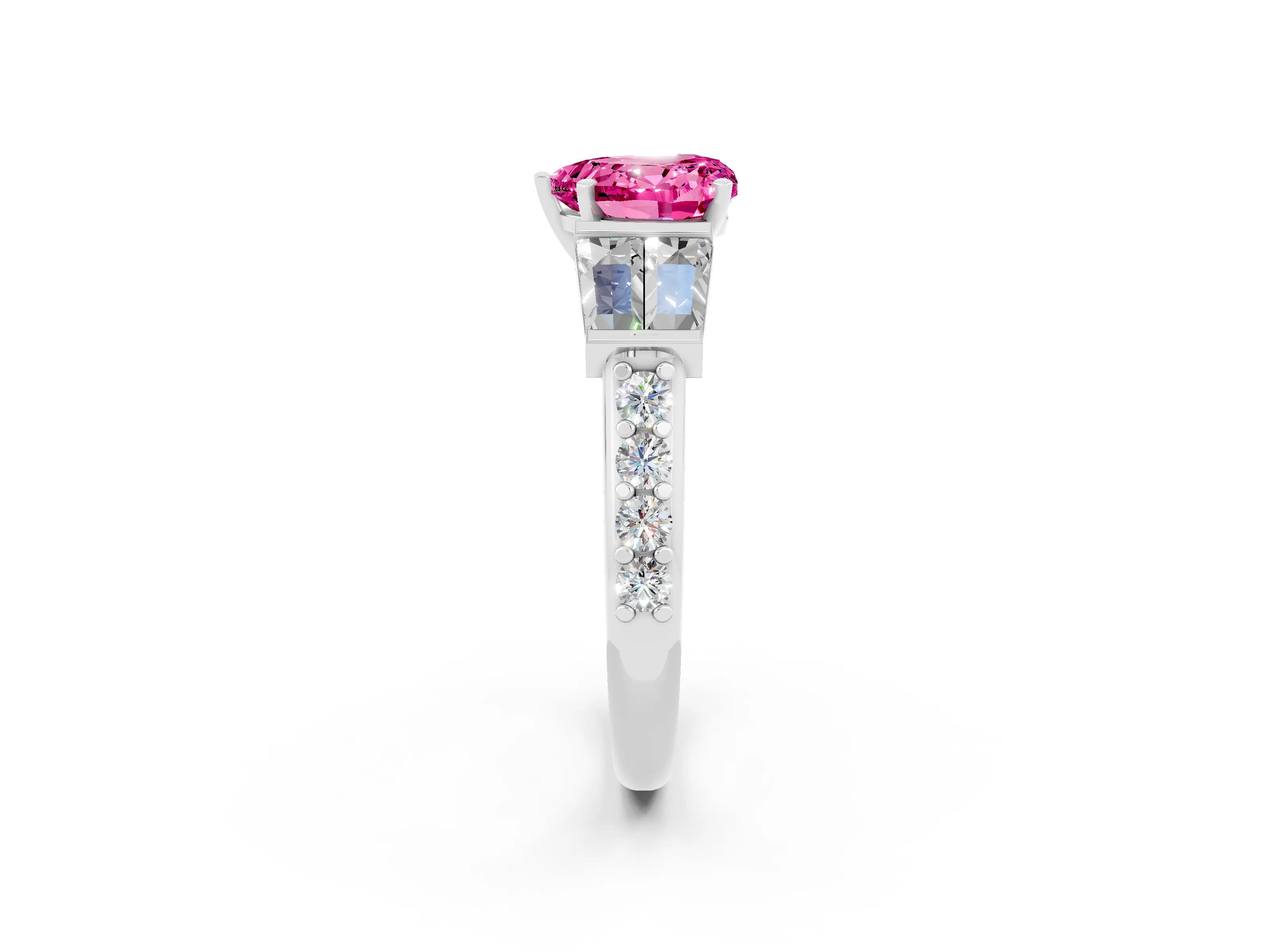White gold Heart Cut Pink Sapphire Engagement Ring with Baguette Side Stones and Channel Set Band_2