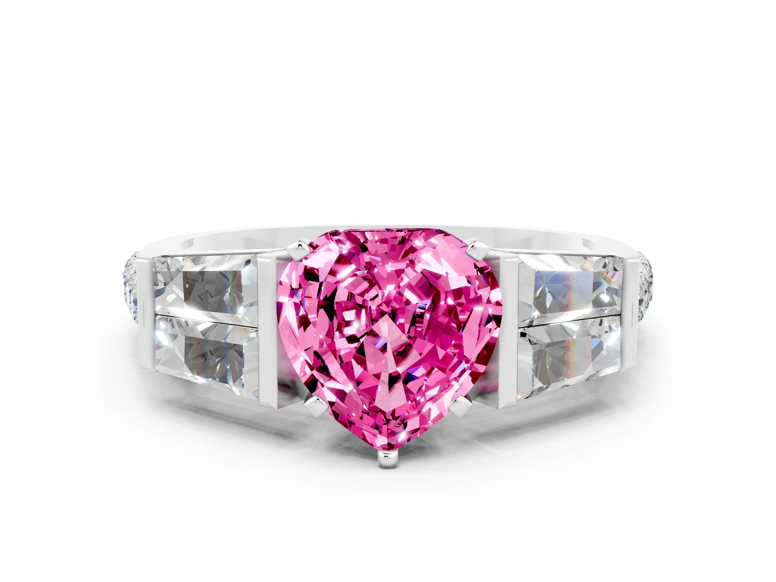 White gold Heart Cut Pink Sapphire Engagement Ring with Baguette Side Stones and Channel Set Band