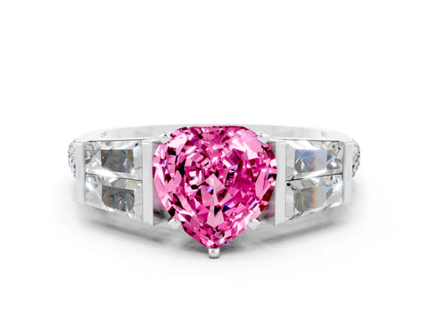 White gold Heart Cut Pink Sapphire Engagement Ring with Baguette Side Stones and Channel Set Band