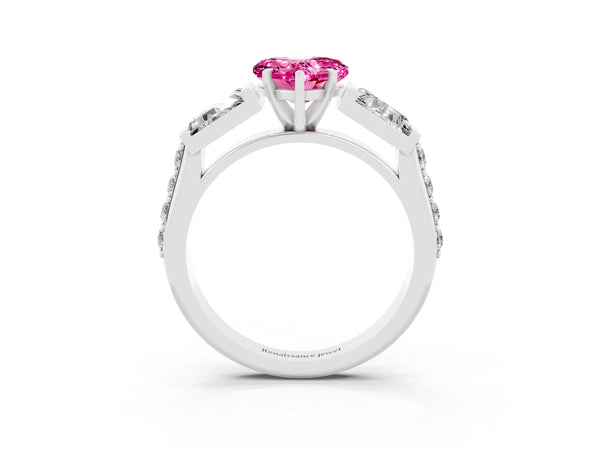 Platinum Heart Cut Pink Sapphire Engagement Ring with Baguette Side Stones and Channel Set Band