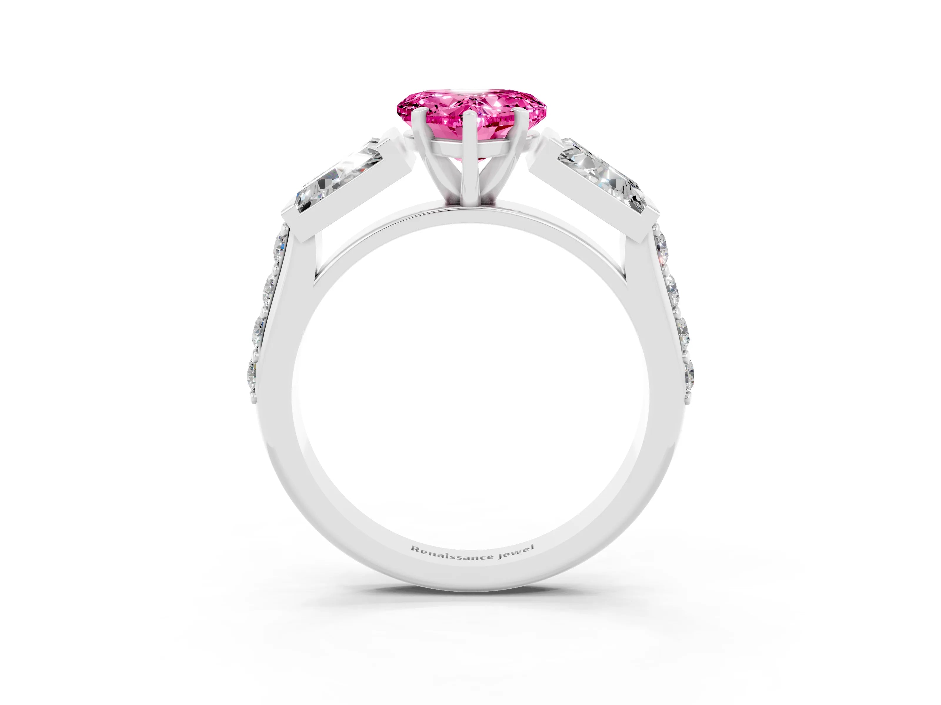 White gold Heart Cut Pink Sapphire Engagement Ring with Baguette Side Stones and Channel Set Band_3