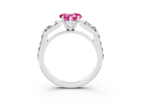 White gold Heart Cut Pink Sapphire Engagement Ring with Baguette Side Stones and Channel Set Band_3