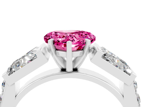 White gold Heart Cut Pink Sapphire Engagement Ring with Baguette Side Stones and Channel Set Band_4